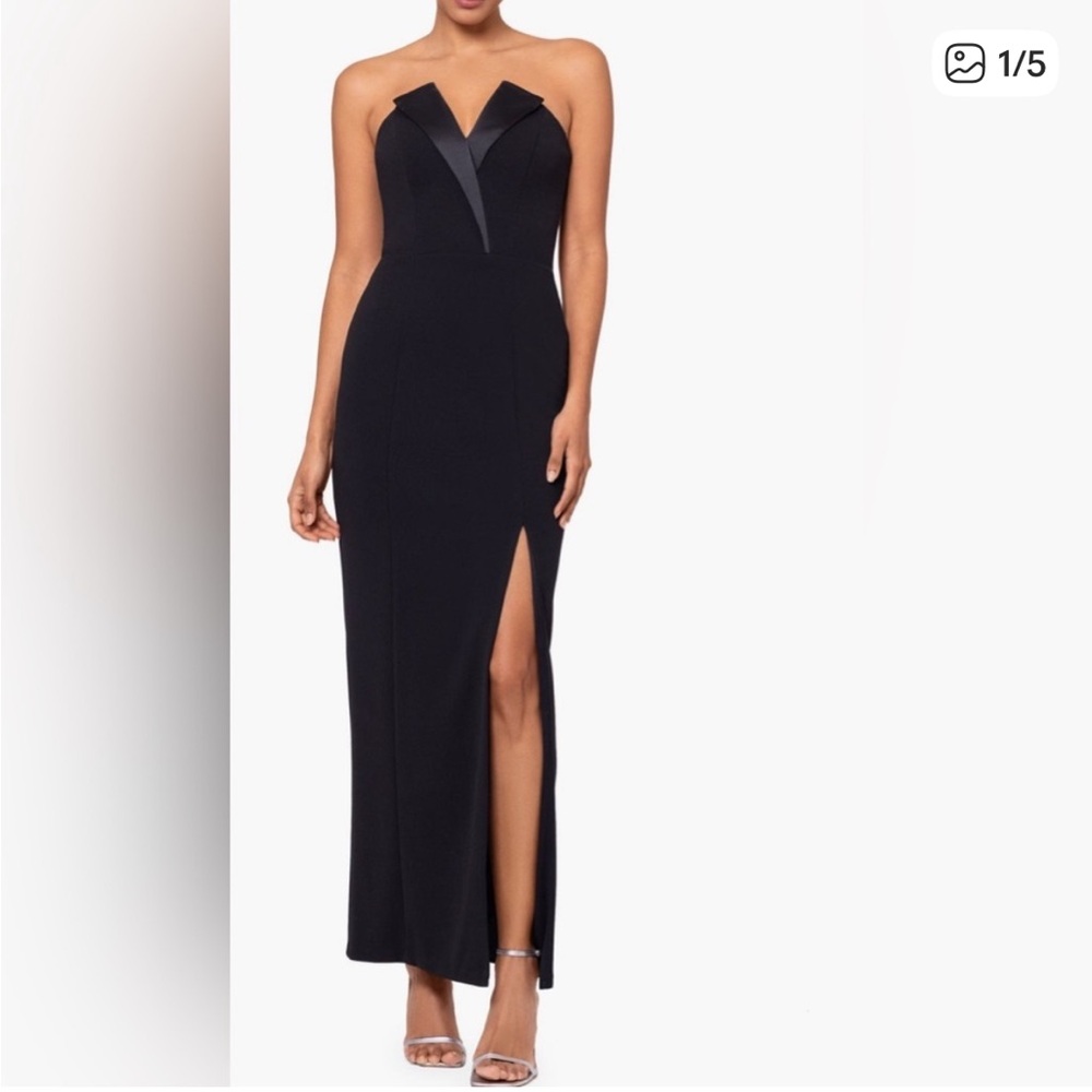 Betsy & Adam Black Strapless Maxi Gown with Front Slit